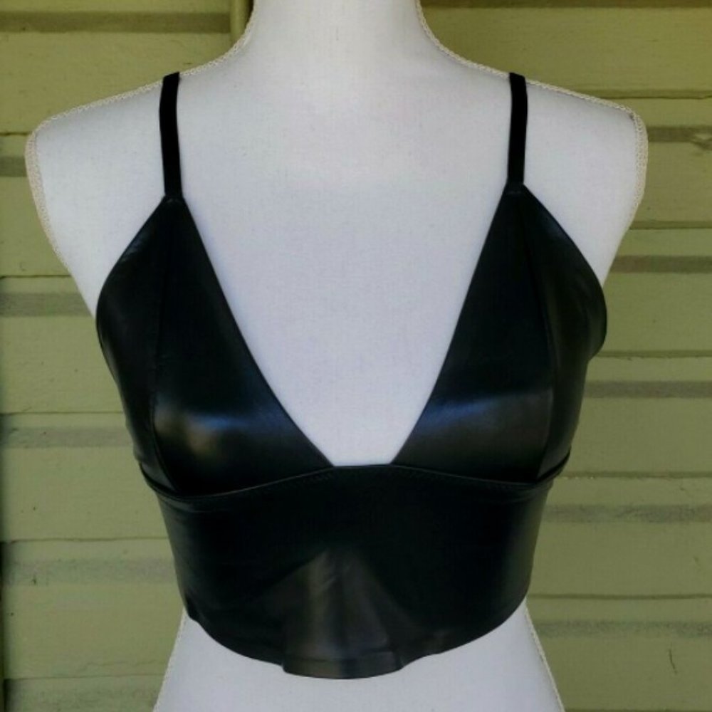 Black Faux Leather Long Line Bralette